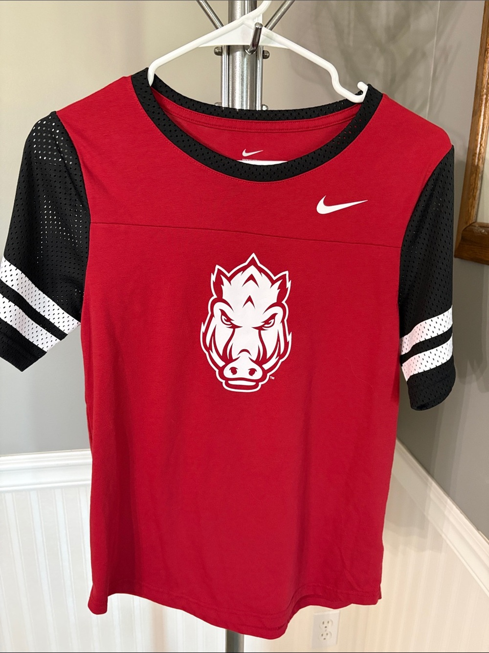 Nike Red and Black Short-Sleeve Jersey with White Razorback Logo